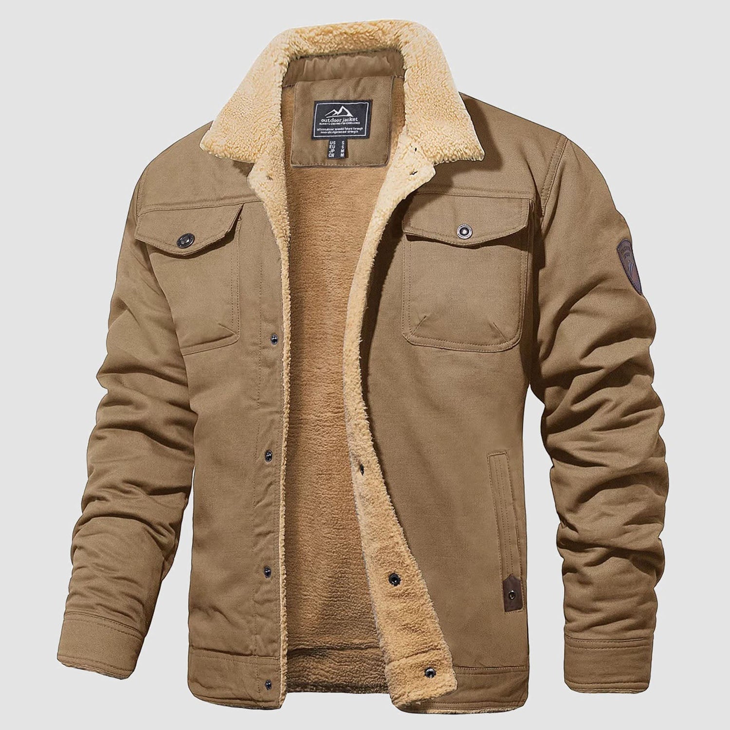 Men's Sherpa Lined Jacket Multiple Pockets Warm Brown - Fashinoza