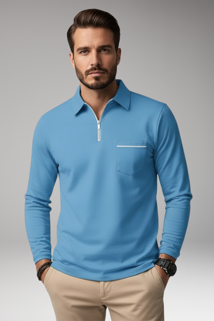Men's Polo Shirt Long-Sleeve Zipper Pocket
