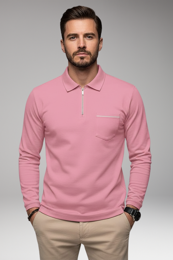 Men's Polo Shirt Long-Sleeve Zipper Pocket