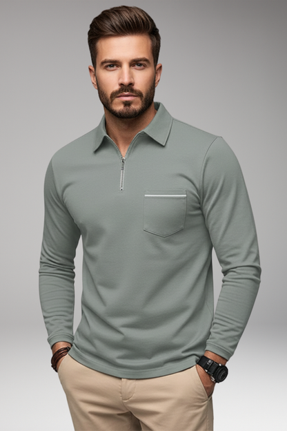 Men's Polo Shirt Long-Sleeve Zipper Pocket