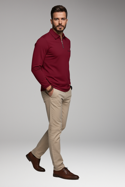 Men's Polo Shirt Long-Sleeve Zipper Pocket