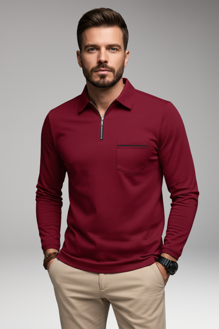 Men's Polo Shirt Long-Sleeve Zipper Pocket