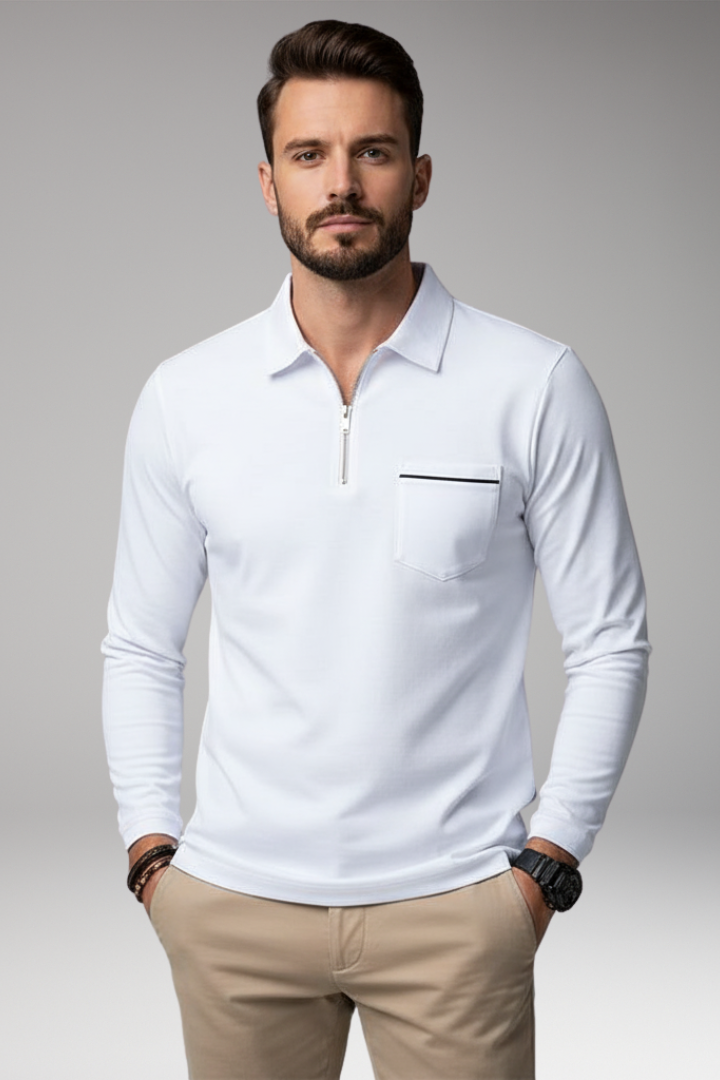 Men's Polo Shirt Long-Sleeve Zipper Pocket