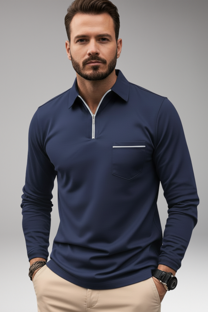Men's Polo Shirt Long-Sleeve Zipper Pocket