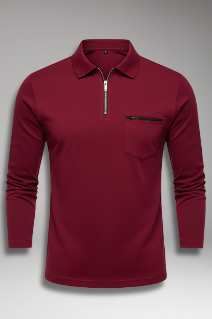 Men's Polo Shirt Long-Sleeve Zipper Pocket - 
Fashinoza