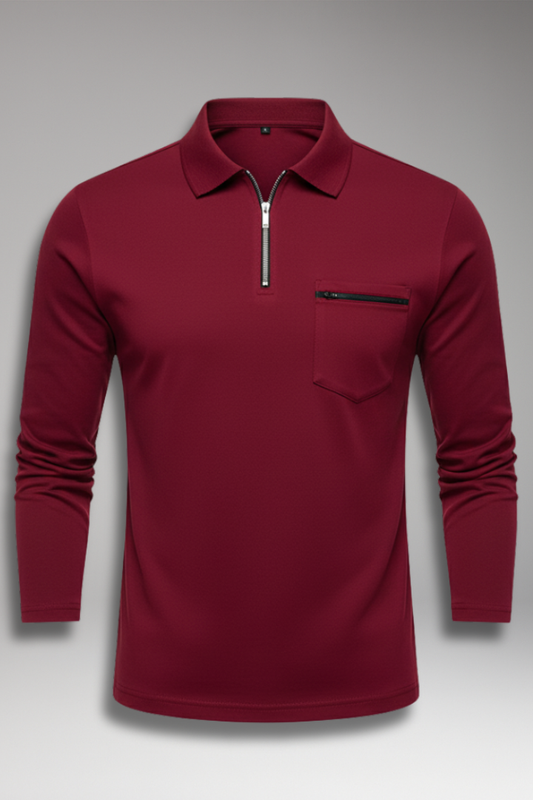 Men's Polo Shirt Long-Sleeve Zipper Pocket - 
Fashinoza