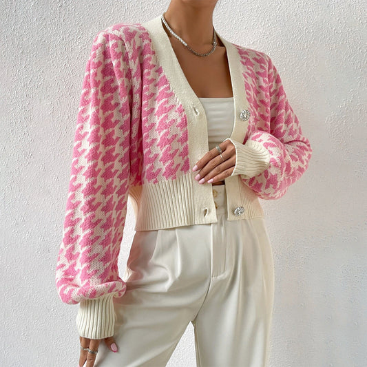 Women's Cropped Houndstooth Cardigan - Fashinoza