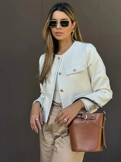 Women's Tweed Blazer Tailored Fit Elegant Brown
