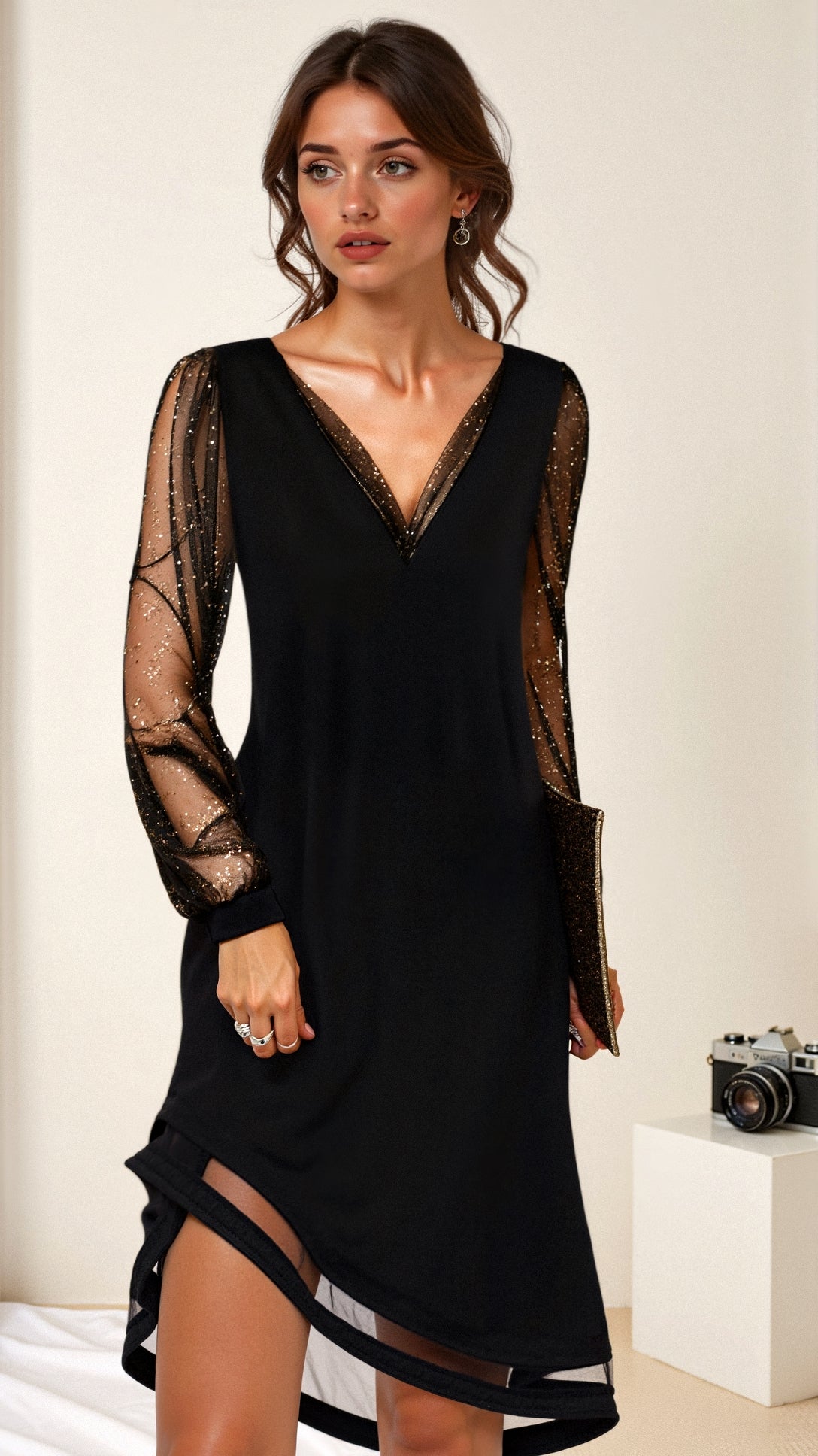 Women's V-Neck Mini Dress Sheer Sleeves - 
Fashinoza