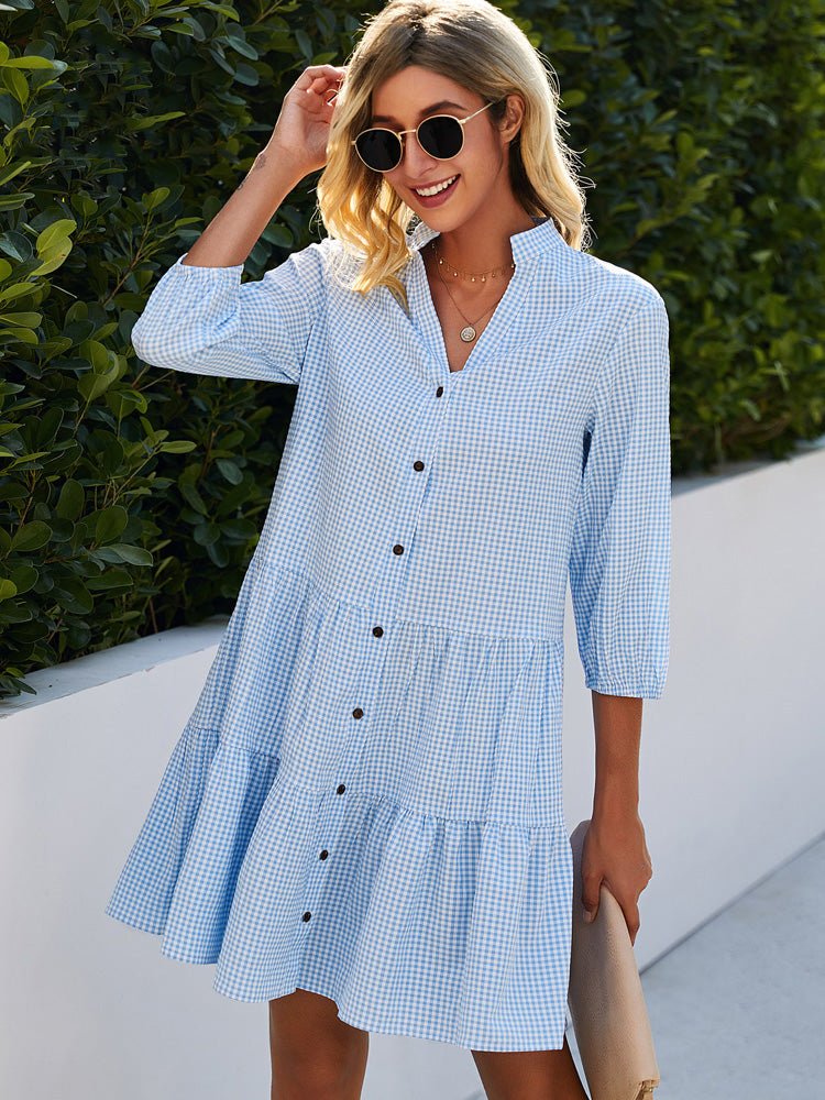 Gingham Button-Front Tiered Dress
