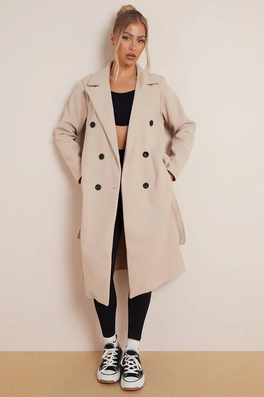 Naomi Women's Double Breasted Long Wool Coat - Fashinoza