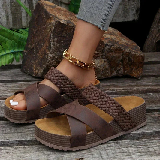 Women's Platform Slide Sandals Woven Cross Straps Ridged Sole - 
Fashinoza