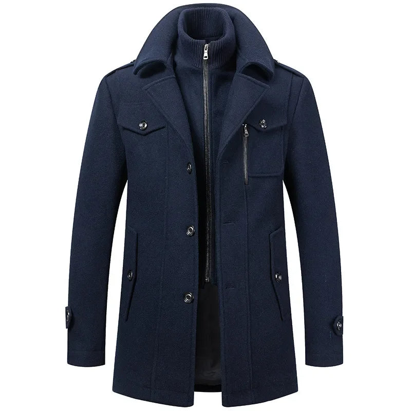 Men's Mid-Length Coat Button Front Zip Layer Stand-Up Collar