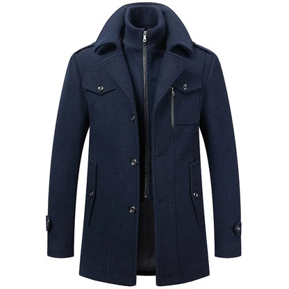Men's Mid-Length Coat Button Front Zip Layer Stand-Up Collar