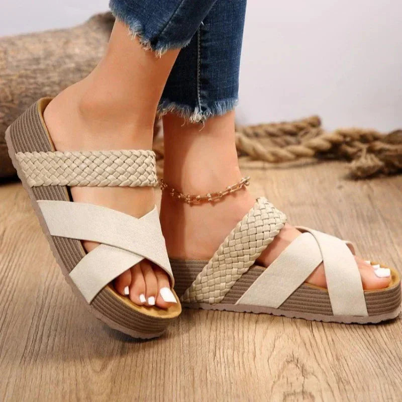 Women's Platform Slide Sandals Woven Cross Straps Ridged Sole