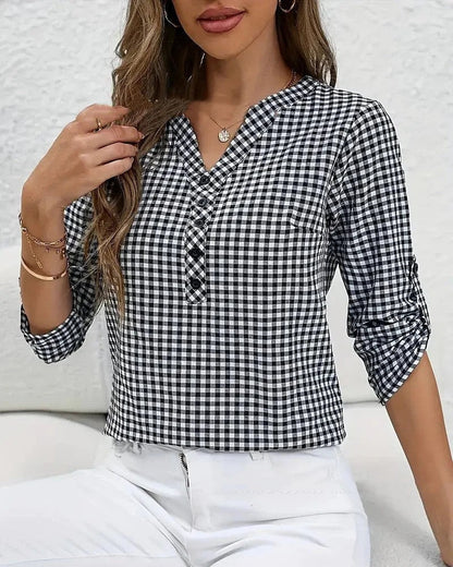 Women's Gingham Button Down Blouse - Fashinoza