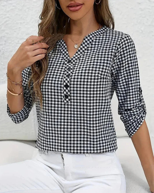 Women's Gingham Button Down Blouse - Fashinoza