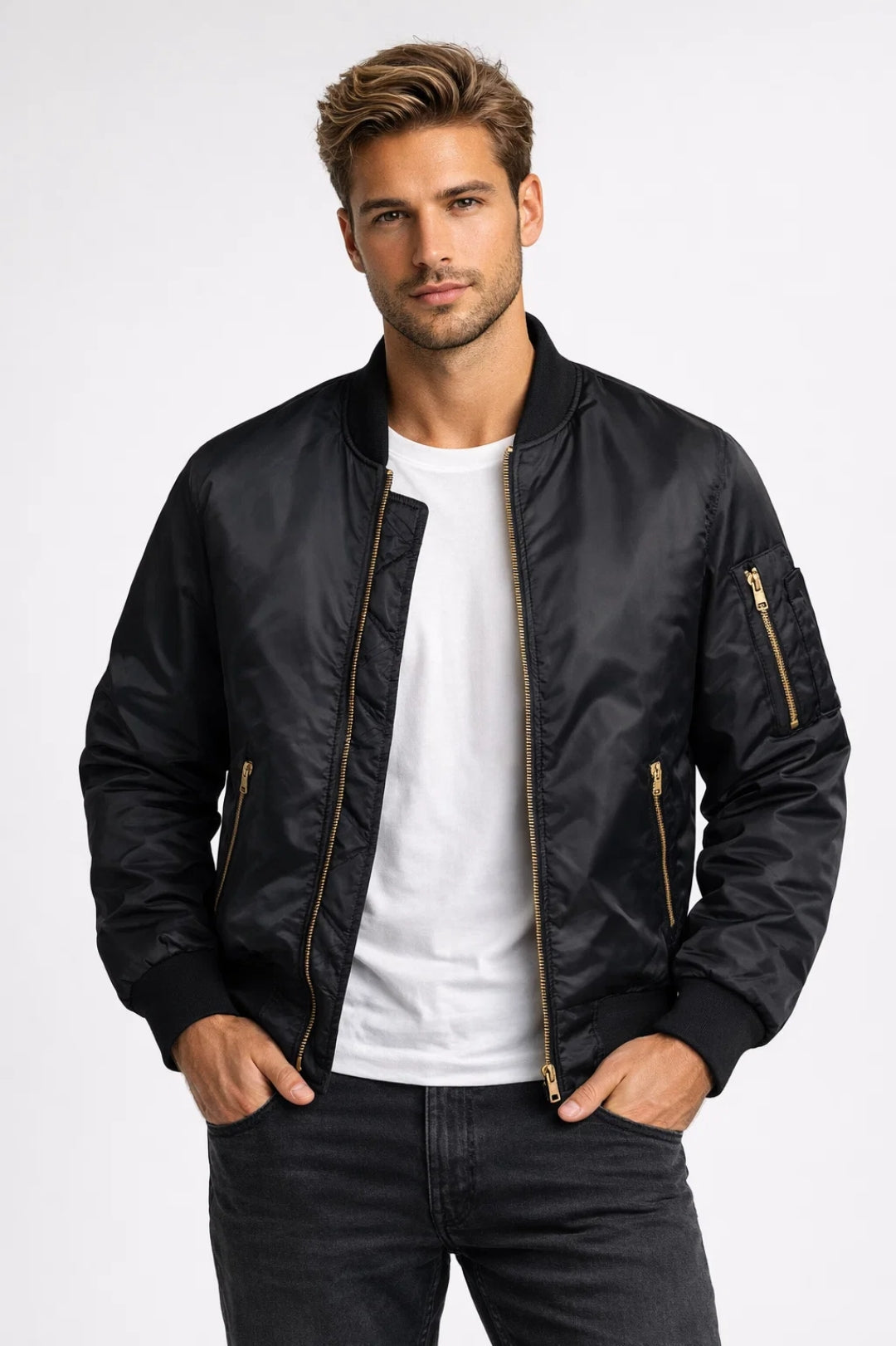 Men's Bomber Jacket Ribbed Trim - Fashinoza