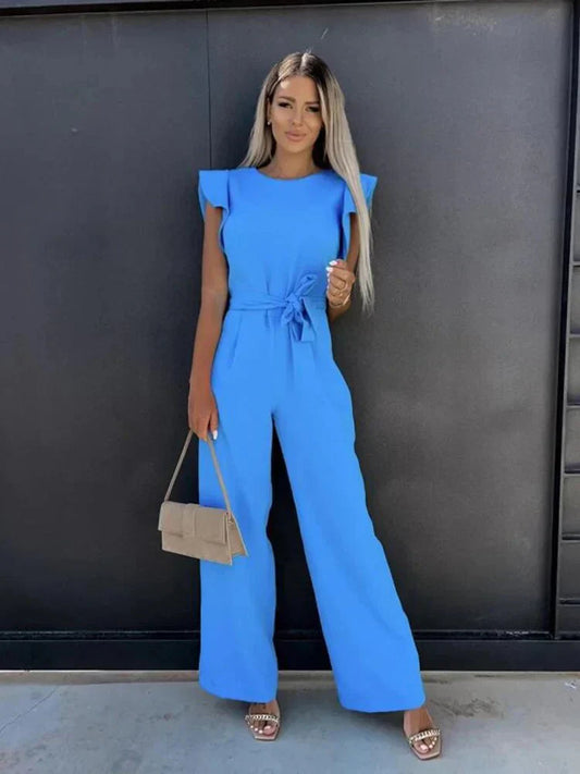 Women's Wide Leg Tie Waist Jumpsuit - 
Fashinoza