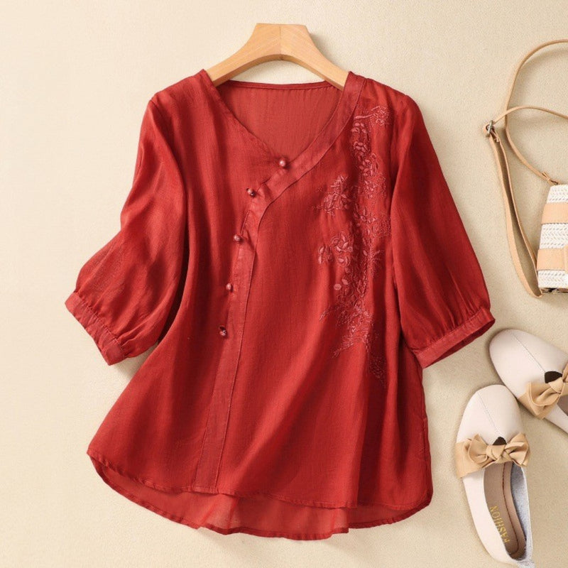 Women's Embroidered V-Neck Blouse - Fashinoza