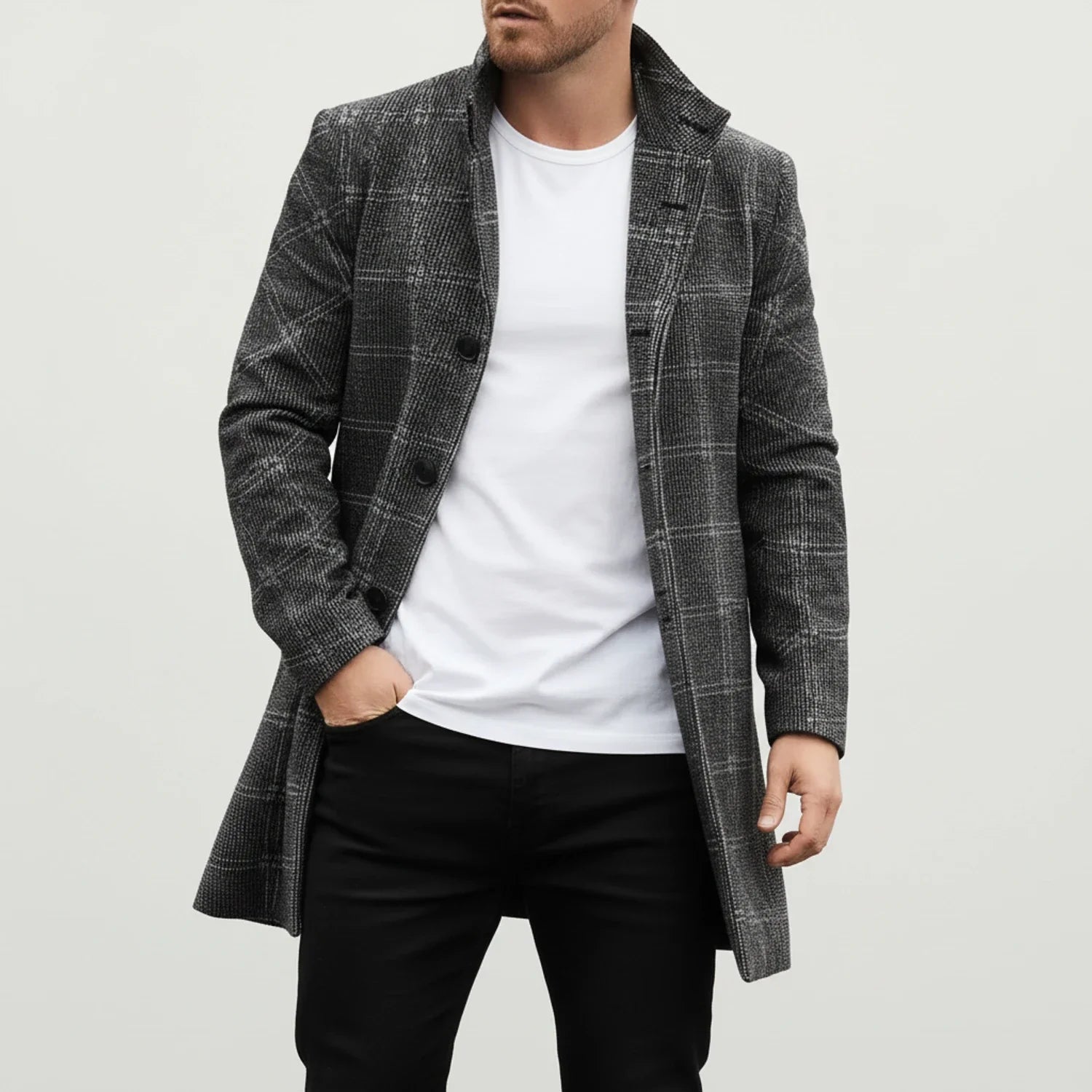 Men's Notch Lapel Wool Overcoat - Fashinoza