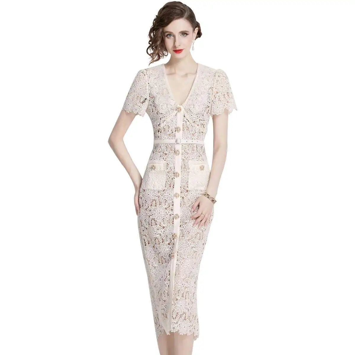 Women's Lace Midi Dress Olive - Fashinoza