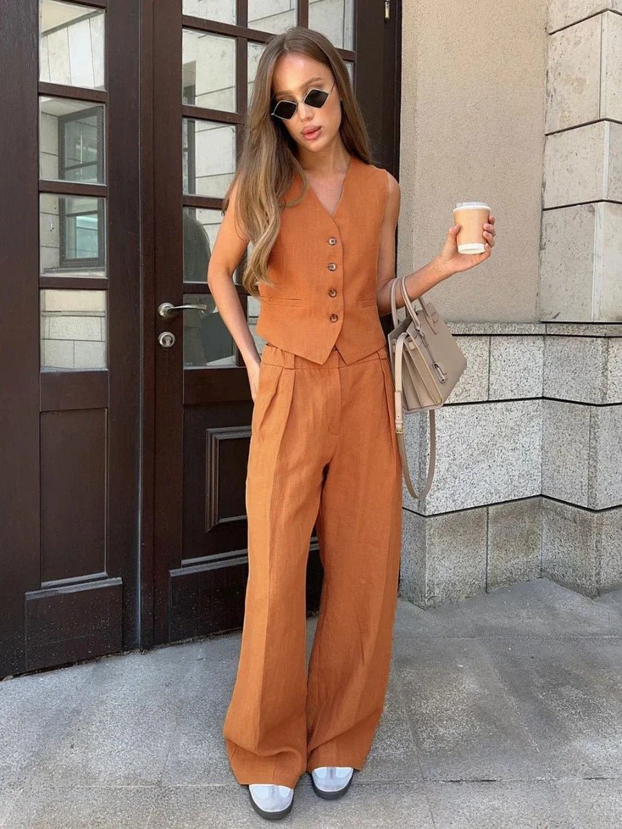 Women's 2-Piece V-Neck Vest High-Waist Pants Set