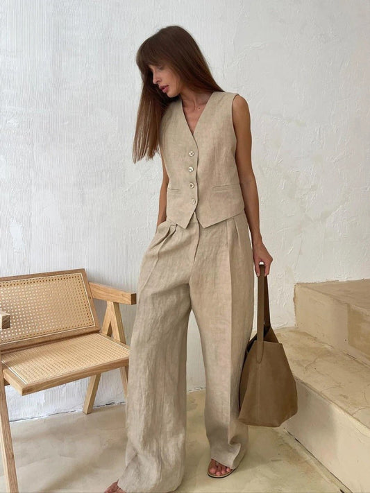 Women's 2-Piece V-Neck Vest High-Waist Pants Set - Fashinoza