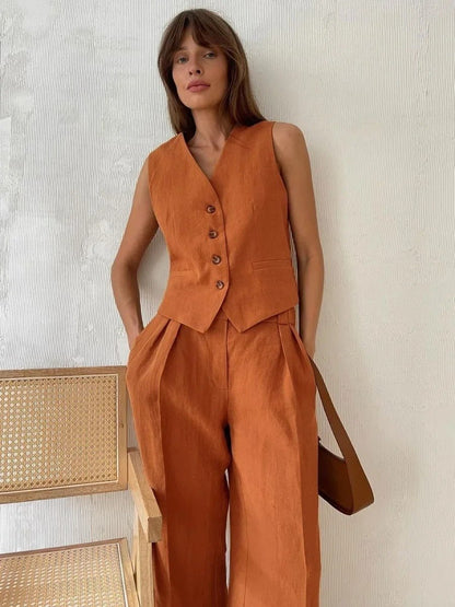 Women's 2-Piece V-Neck Vest High-Waist Pants Set