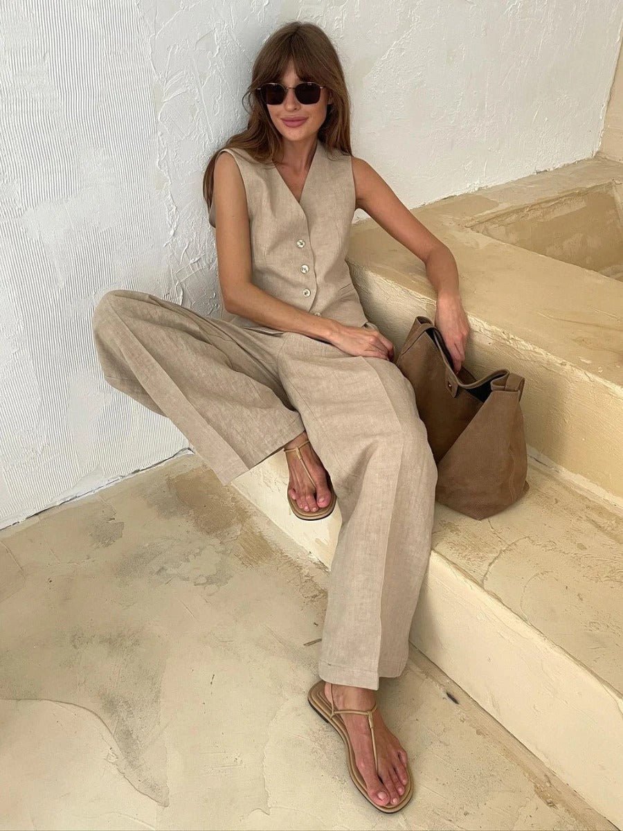 Women's 2-Piece V-Neck Vest High-Waist Pants Set
