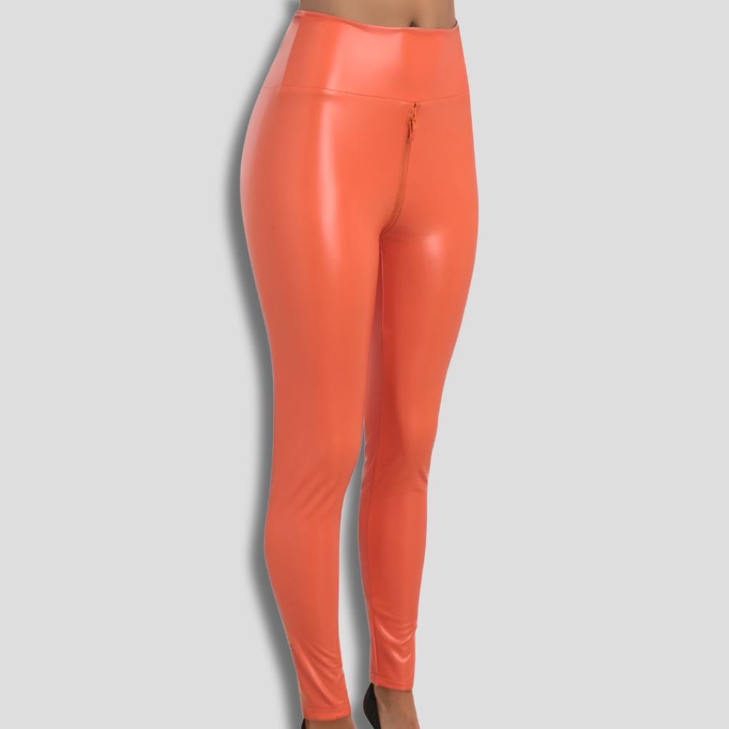 Women's Shiny Leggings Zipper Detail - Fashinoza