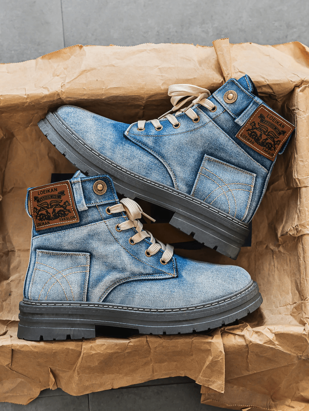 Men's Denim Lace-Up Boots Rugged Sole Blue - Fashinoza