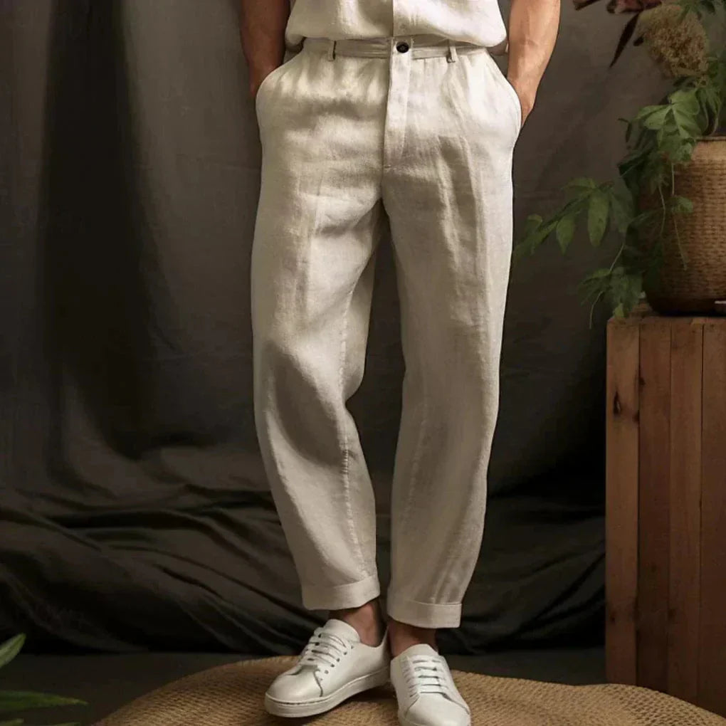 Men's Linen Casual Trousers Lightweight Beige - Fashinoza