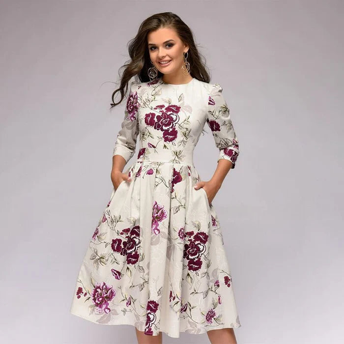 Women's A-Line Midi Dress With Pockets - Fashinoza