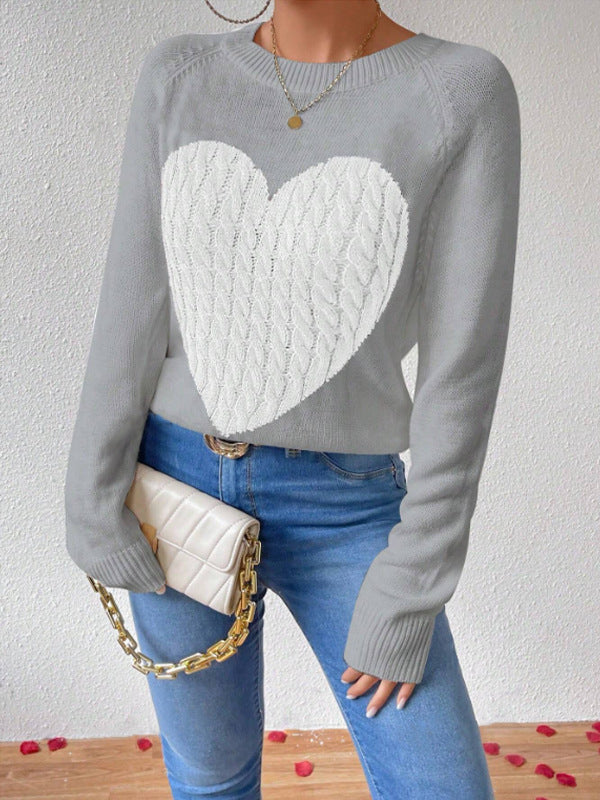 Women's Long Sleeve Heart Print Sweater - Fashinoza