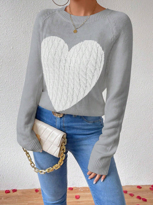 Women's Long Sleeve Heart Print Sweater - Fashinoza