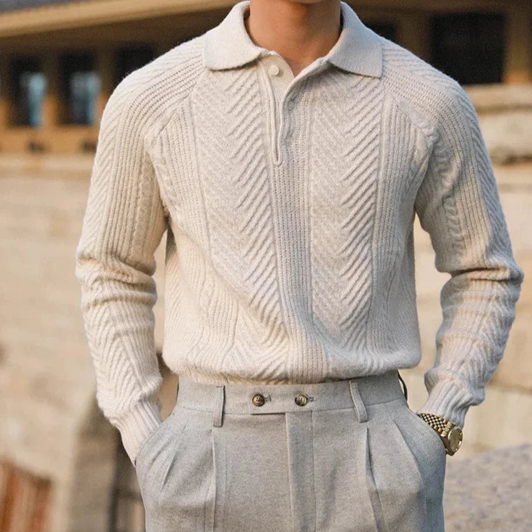Men's Long Sleeve Textured Polo Shirt - Fashinoza