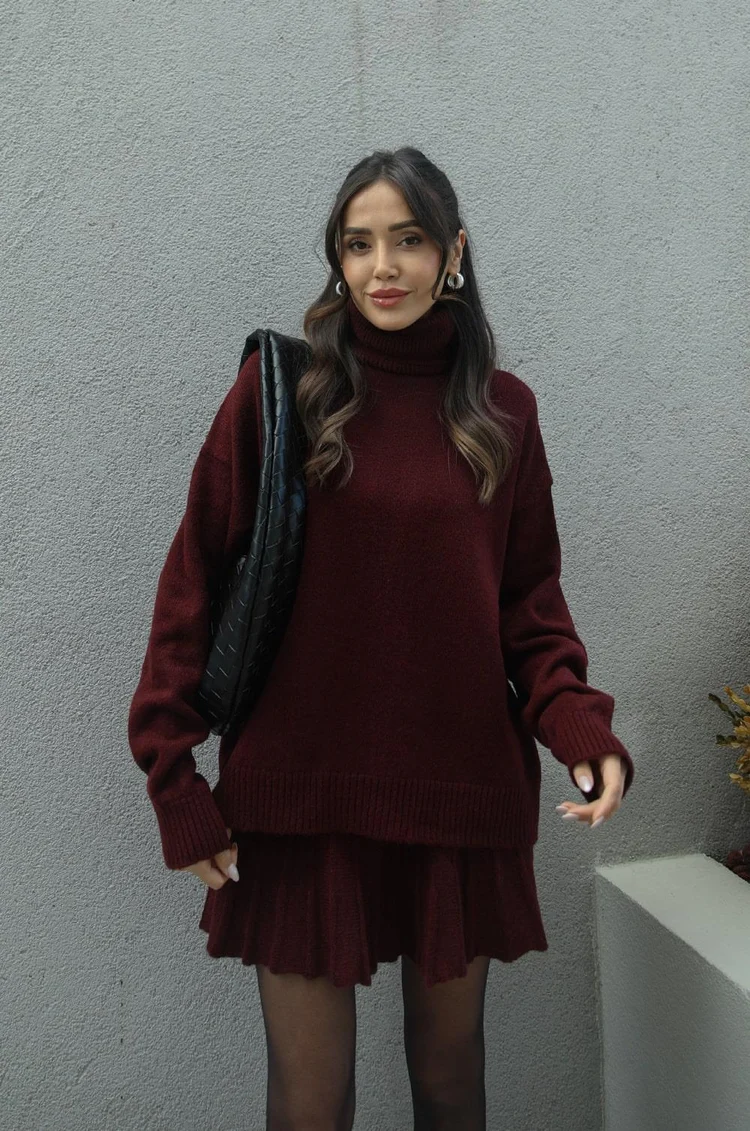 Women's Turtleneck Sweater Skirt Set - Fashinoza