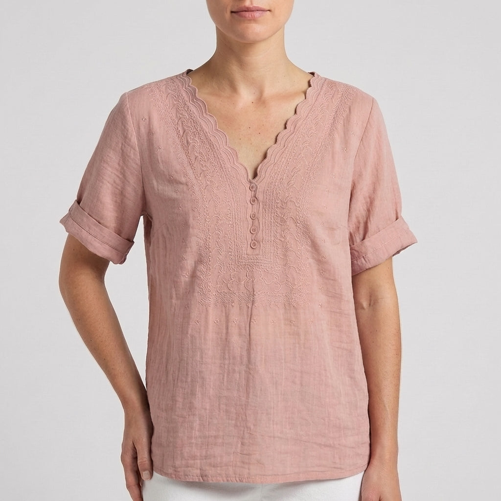 Women's Relaxed Fit V-Neck Blouse Embroidered Detail