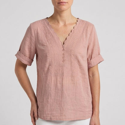 Women's Relaxed Fit V-Neck Blouse Embroidered Detail