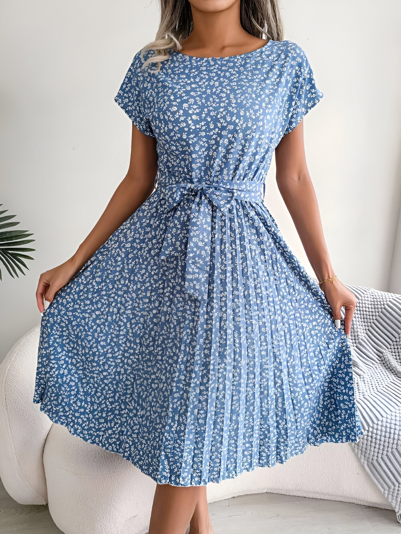 Women's Pleated Midi Dress Round Neckline