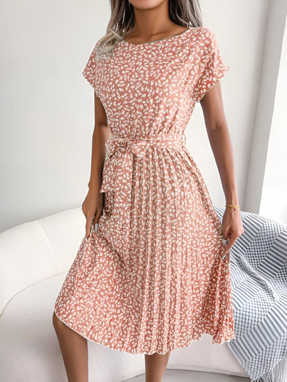 Women's Pleated Midi Dress Round Neckline