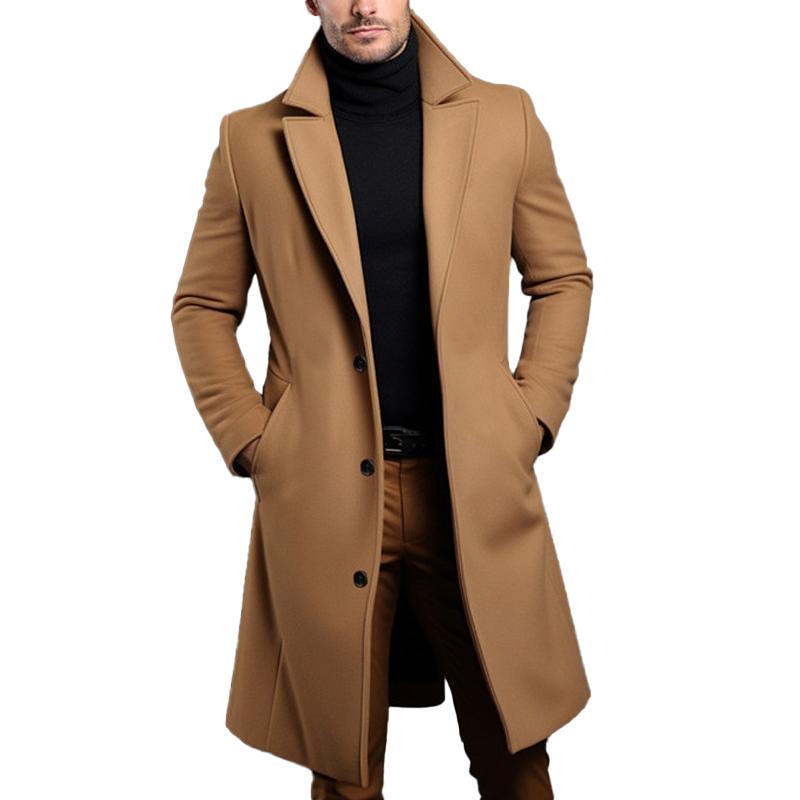 Men's Single-Breasted Coat Mid-Length Solid Notch Lapel - Fashinoza