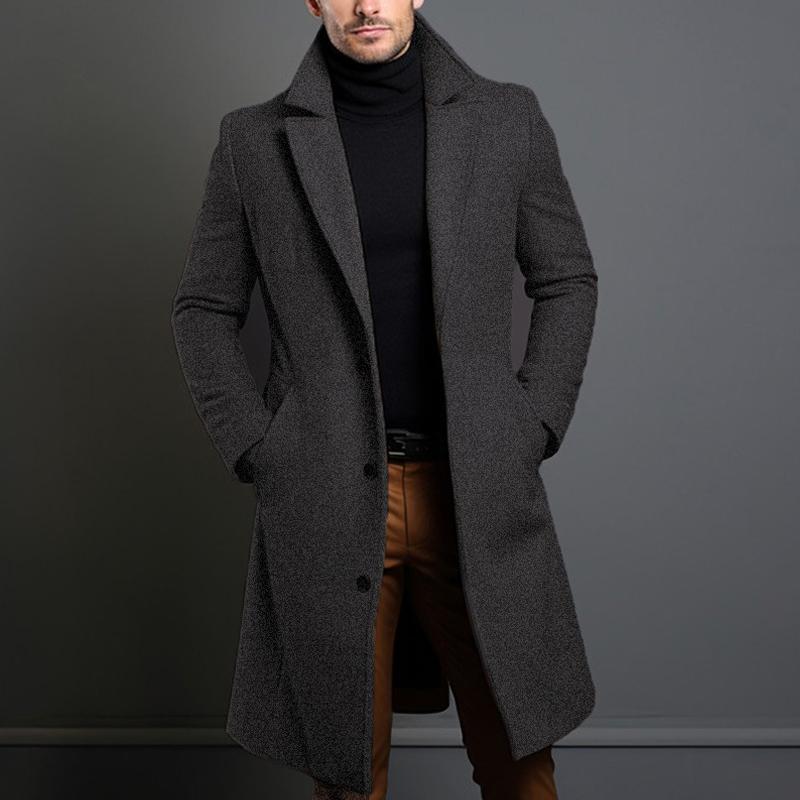 Men's Single-Breasted Coat Mid-Length Solid Notch Lapel