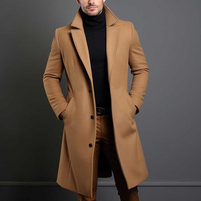 Men's Single-Breasted Coat Mid-Length Solid Notch Lapel