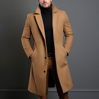Men's Single-Breasted Coat Mid-Length Solid Notch Lapel
