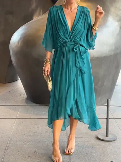 Women's Silk V-Neck Dress Elegant Soft