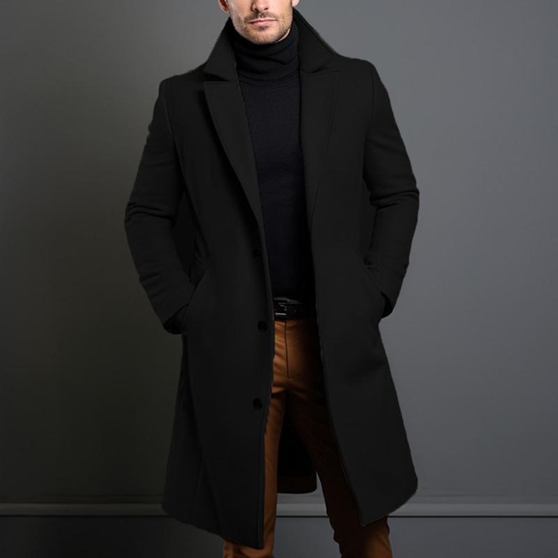 Men's Single-Breasted Coat Mid-Length Solid Notch Lapel