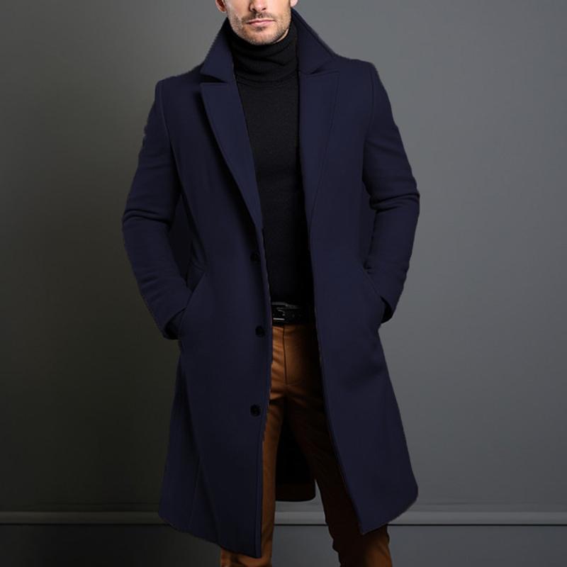 Men's Single-Breasted Coat Mid-Length Solid Notch Lapel