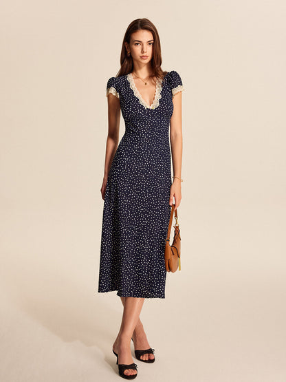 Women's V-Neck Cap Sleeve Midi Dress Polka Dot Lace Trim